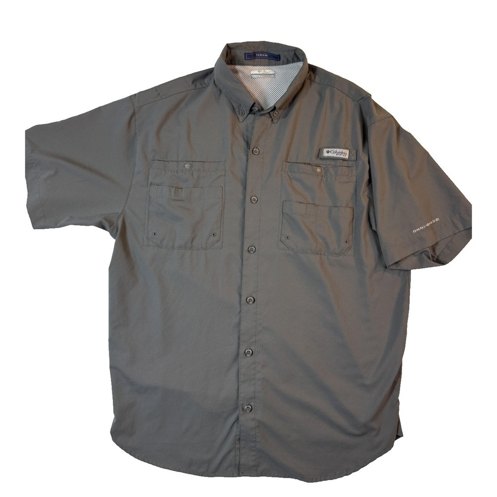 Columbia PFG Tamiami II Shirt Mens L Gray Short Sleeve Omni-Shade Fishing UV